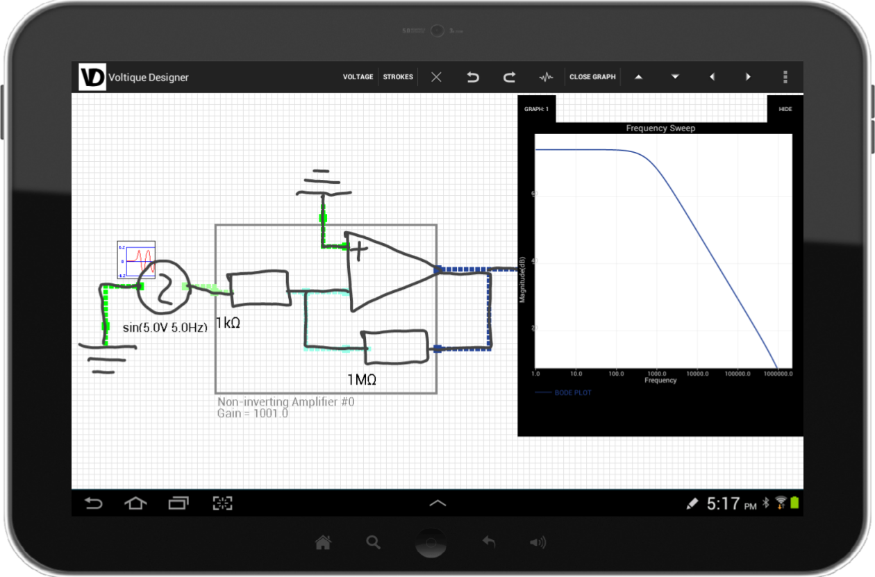 Voltique Designer running on an Android tablet: a sketched non-inverting amplifier circuit with a live frequency-sweep Bode plot.